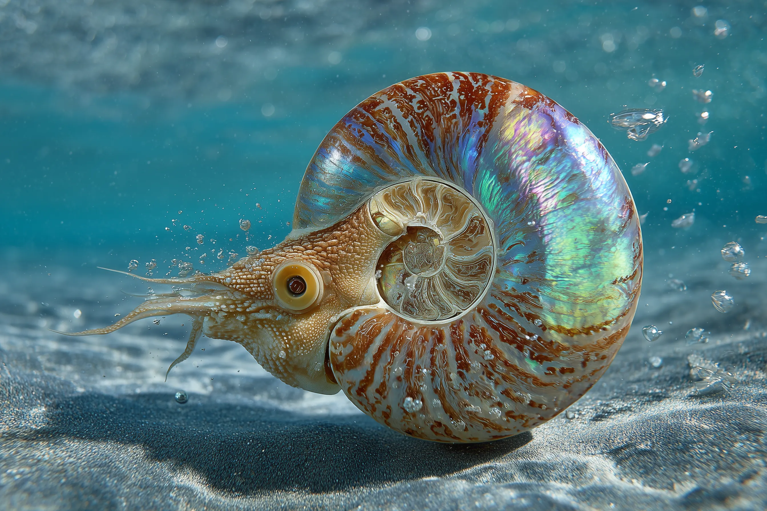Scientifically accurate paleoart of Ammonoidea, a spiral-shelled cephalopod mollusk from the Devonian to Cretaceous, rendered in cinematic prehistoric detail.