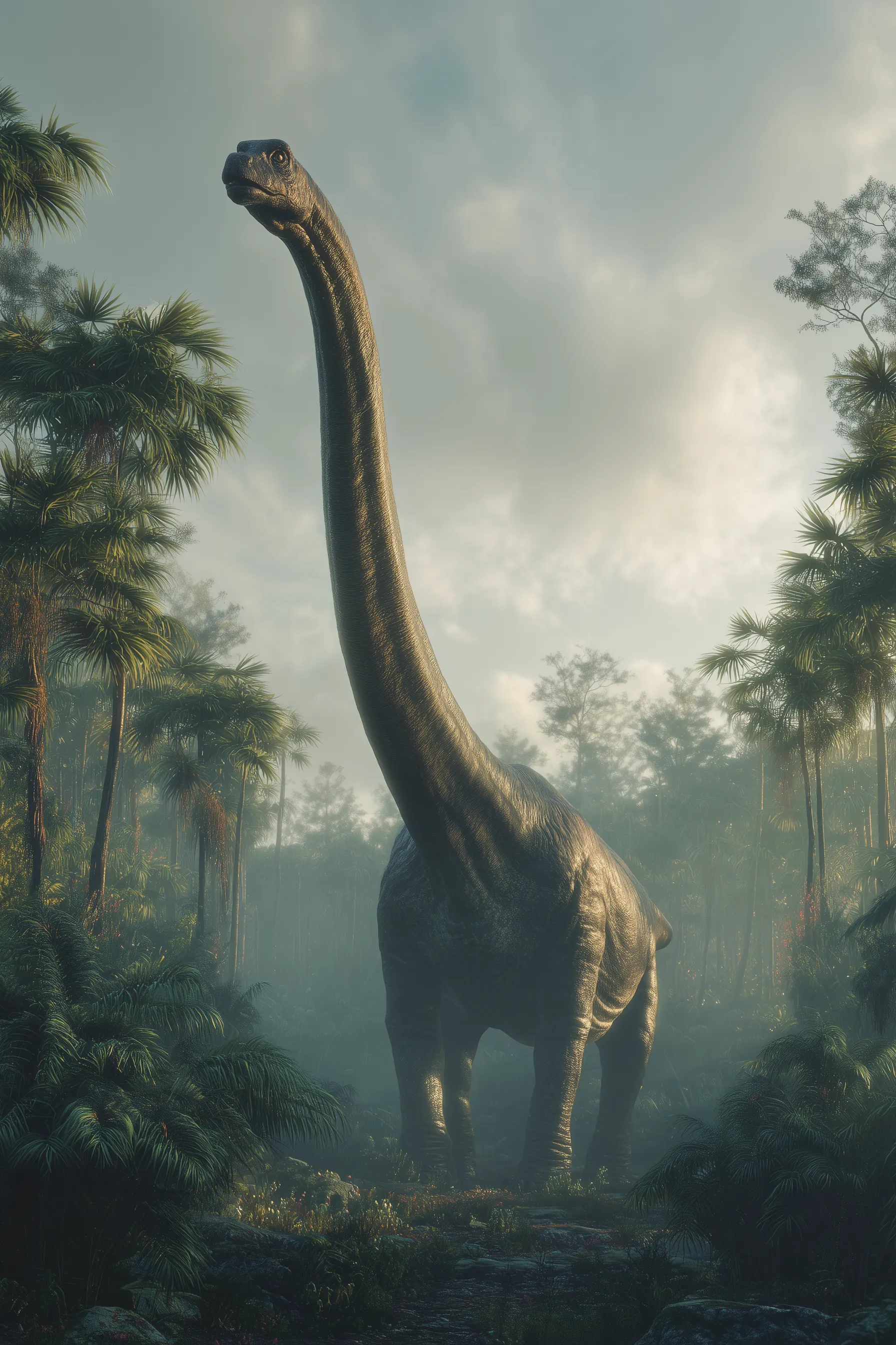 Scientifically accurate paleoart of Brachiosaurus altithorax, a long-necked sauropod with elevated forelimbs from the Late Jurassic, rendered in cinematic prehistoric detail.