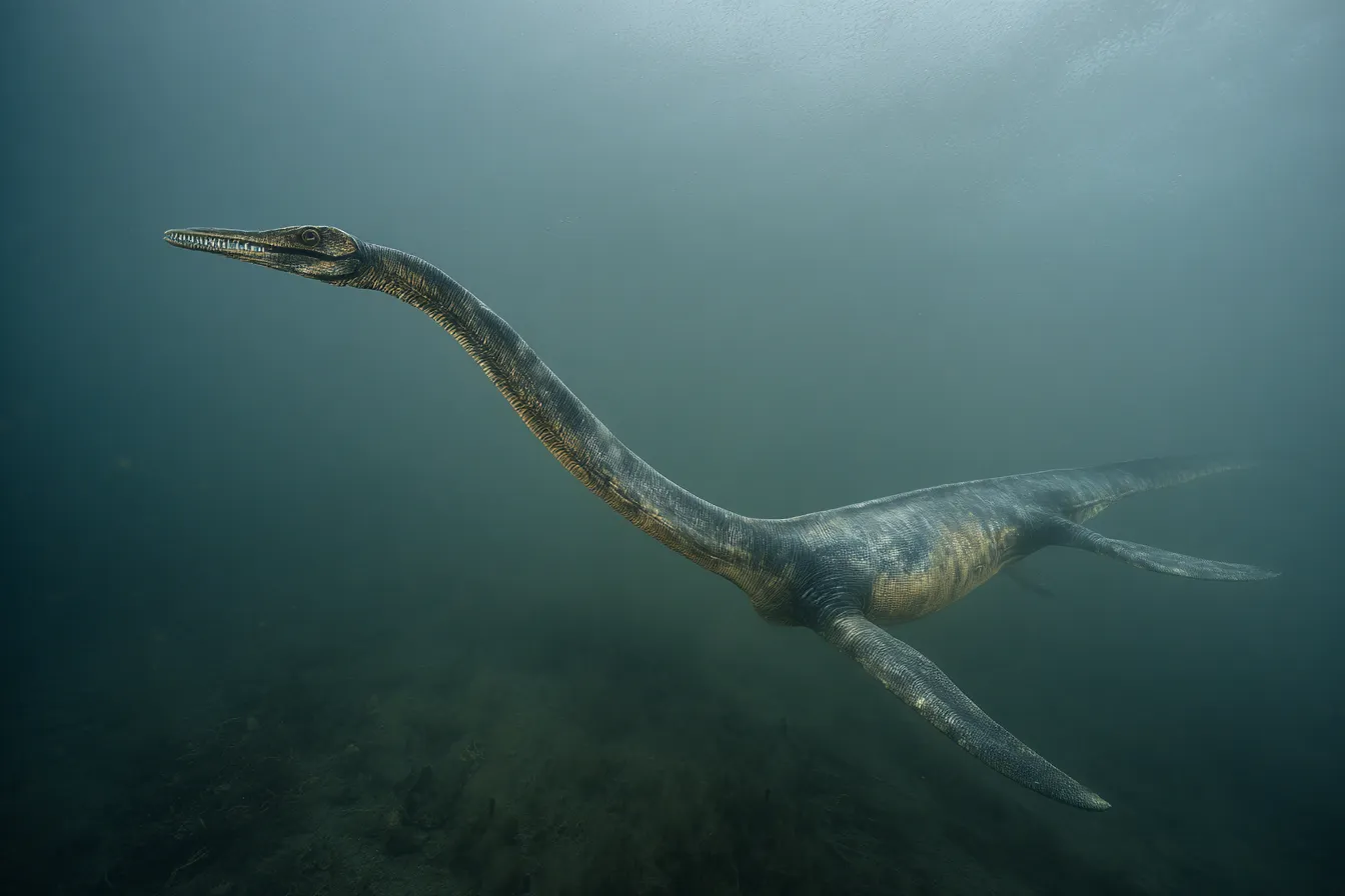 Scientifically accurate paleoart of Elasmosaurus platyurus, an extreme long-necked plesiosaur from the Late Cretaceous, rendered in cinematic prehistoric detail.