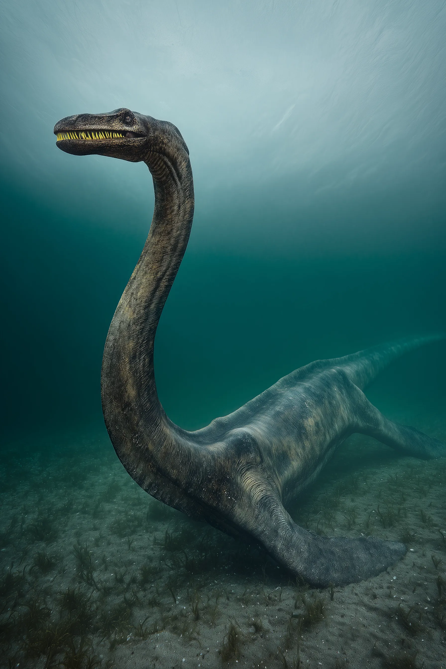 Scientifically accurate paleoart of Elasmosaurus platyurus, an extreme long-necked plesiosaur from the Late Cretaceous, rendered in cinematic prehistoric detail.