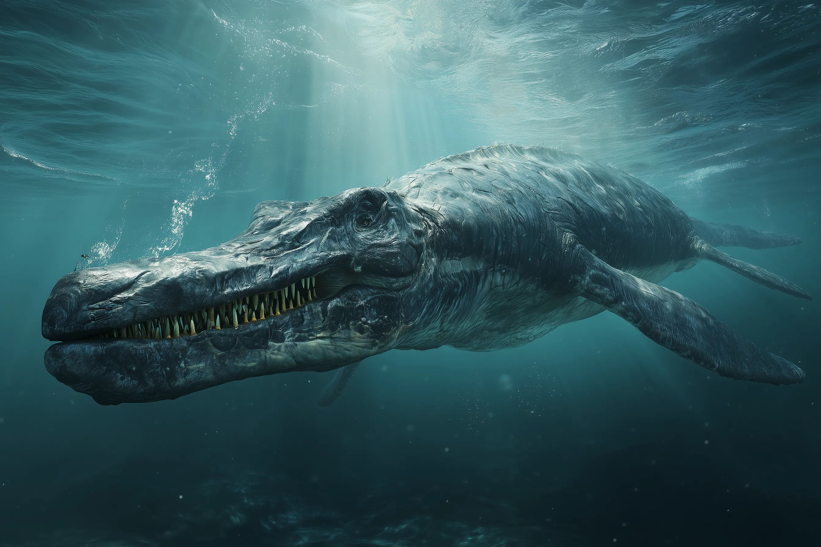 Scientifically accurate paleoart of Liopleurodon ferox, a short-necked apex pliosaur from the Middle to Late Jurassic, rendered in cinematic prehistoric detail.