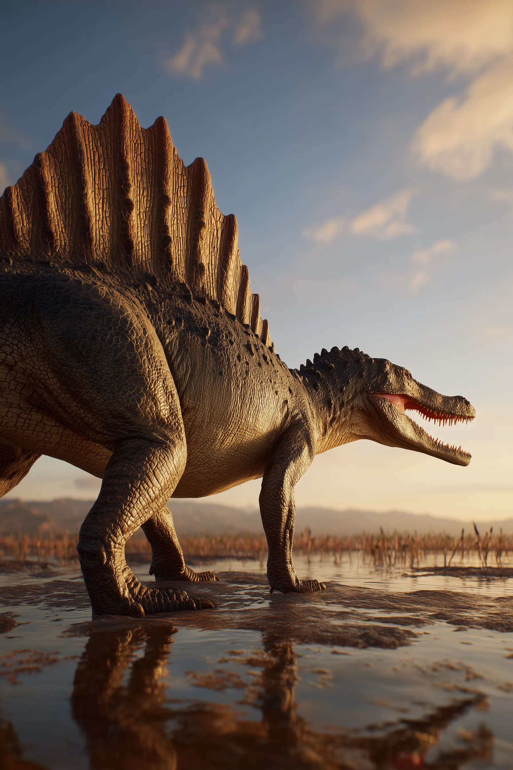 Scientifically accurate paleoart of Spinosaurus aegyptiacus, a semi-aquatic theropod with a sail-backed spine from the Cretaceous, rendered in cinematic prehistoric detail.