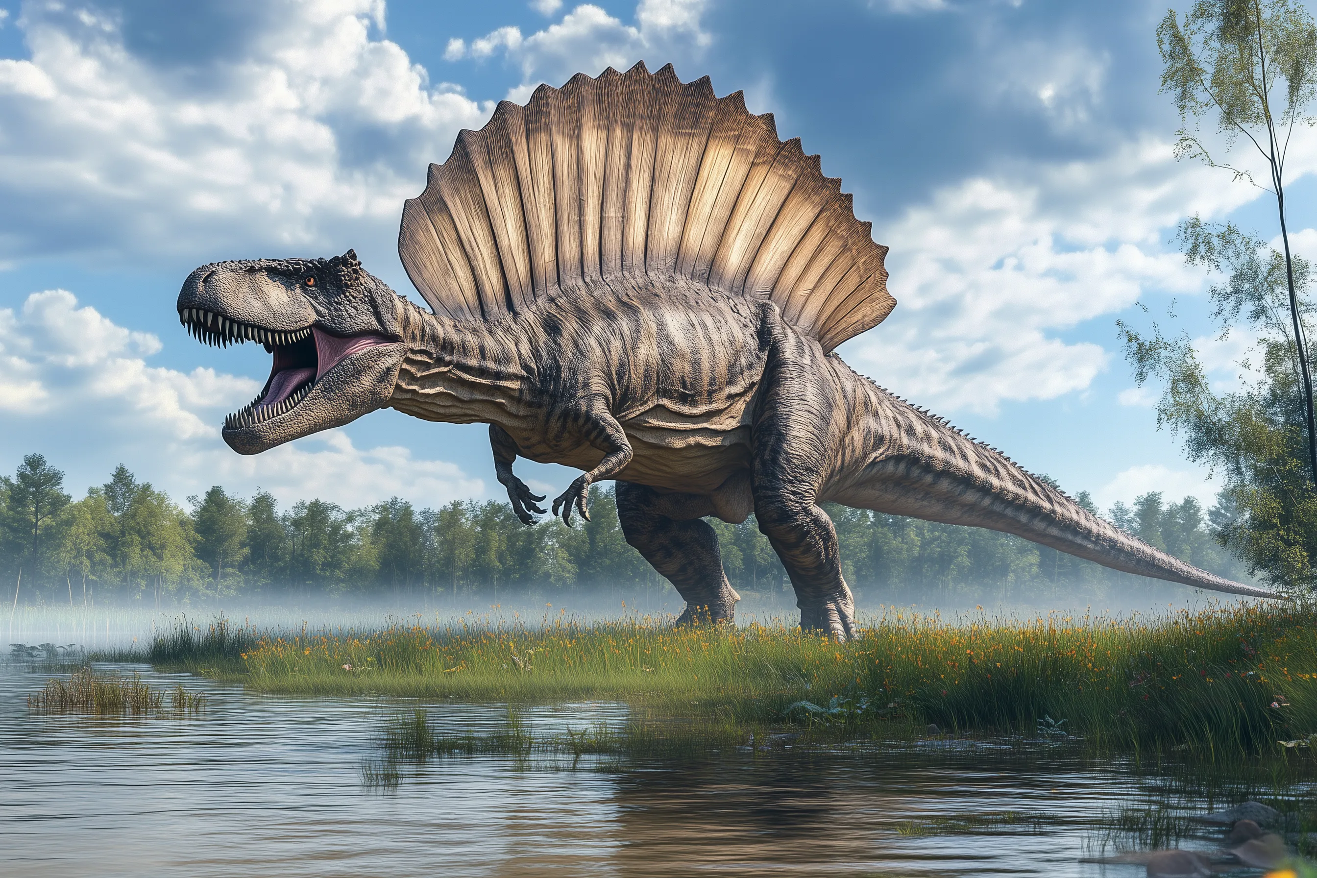 Scientifically accurate paleoart of Spinosaurus aegyptiacus, a semi-aquatic theropod with a sail-backed spine from the Cretaceous, rendered in cinematic prehistoric detail.