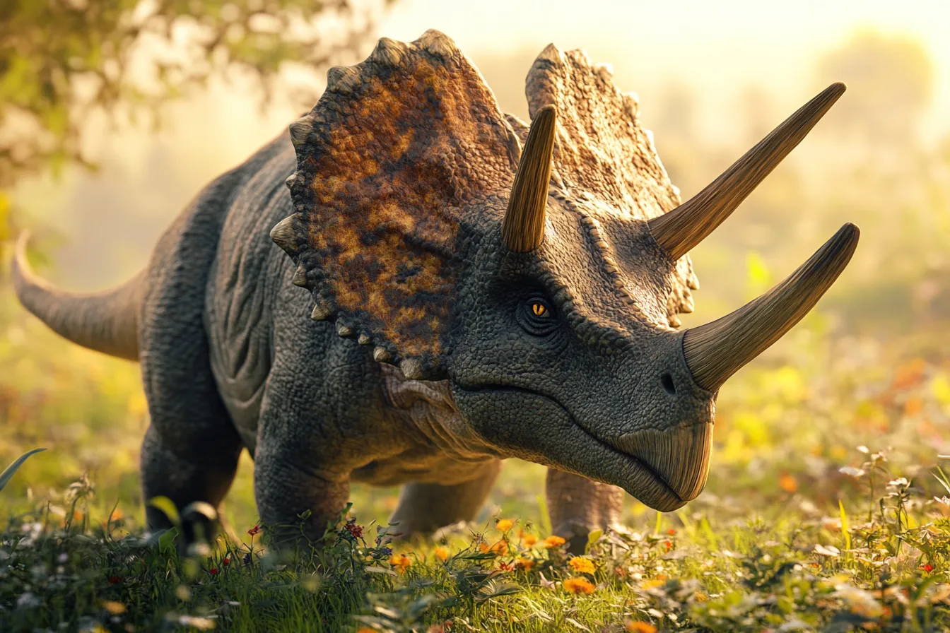 Scientifically accurate paleoart of Triceratops horridus, a three-horned ceratopsian herbivore with a bony neck frill from the Late Cretaceous, rendered in cinematic prehistoric detail.