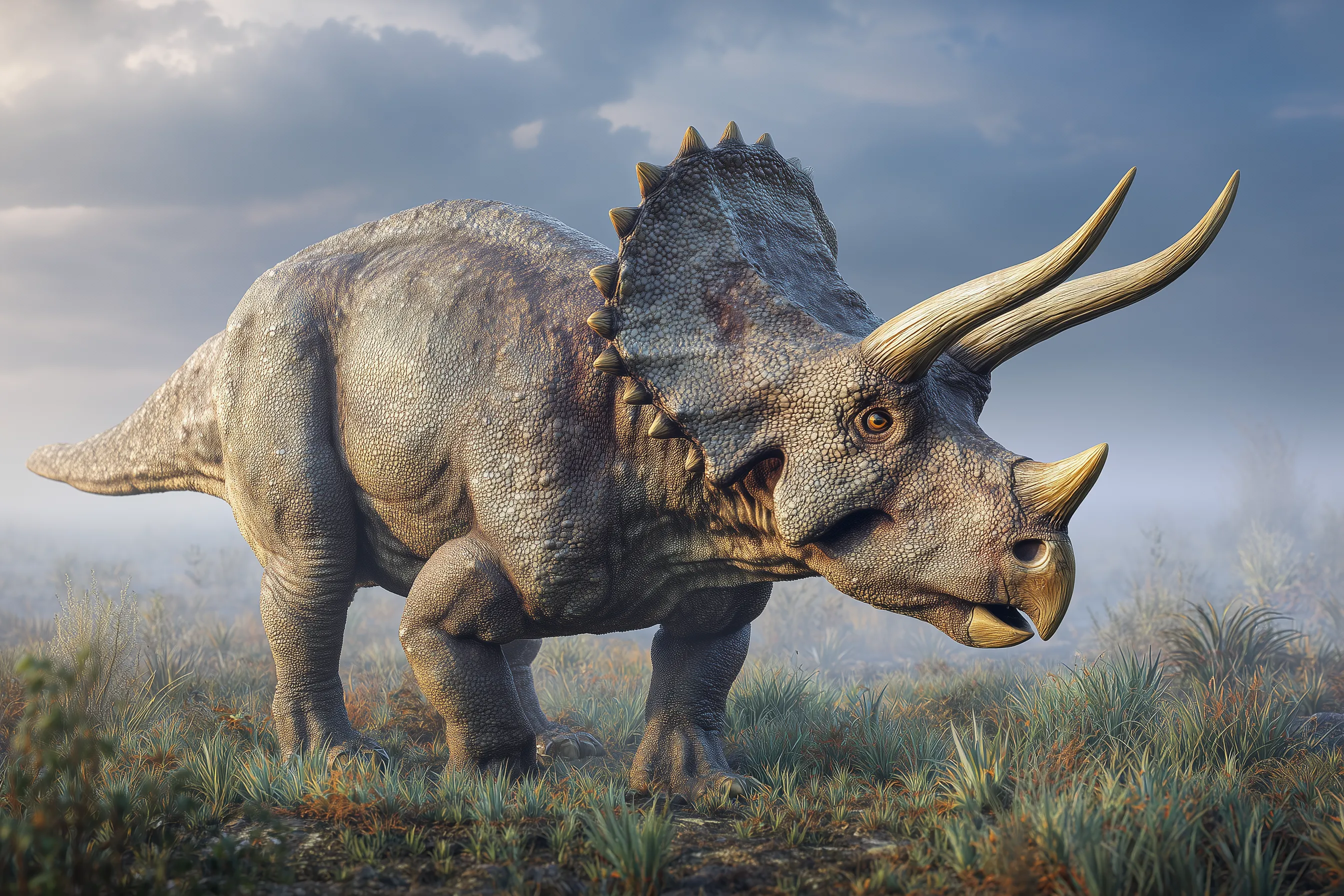 Scientifically accurate paleoart of Triceratops horridus, a three-horned ceratopsian herbivore with a bony neck frill from the Late Cretaceous, rendered in cinematic prehistoric detail.