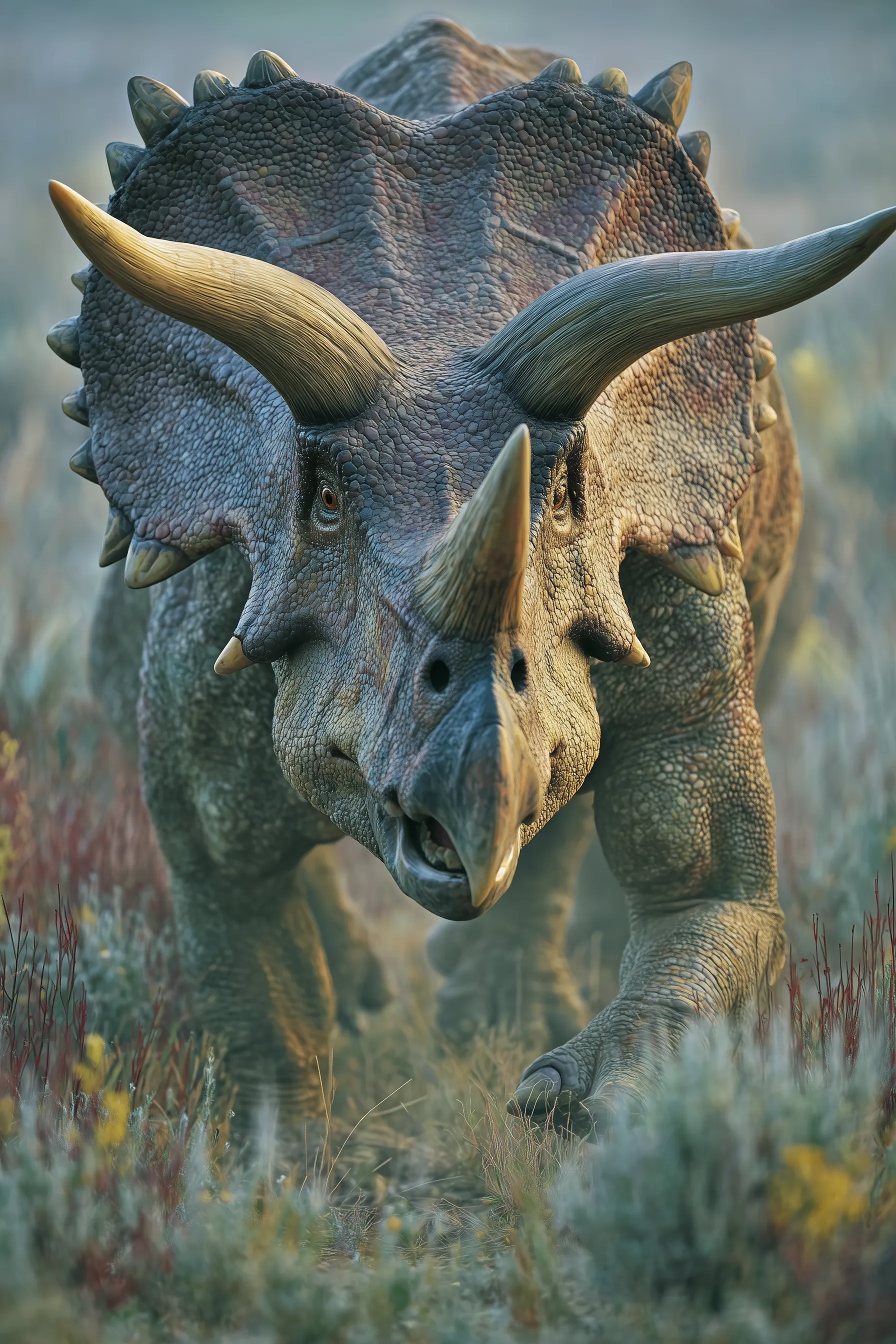 Scientifically accurate paleoart of Triceratops horridus, a three-horned ceratopsian herbivore with a bony neck frill from the Late Cretaceous, rendered in cinematic prehistoric detail.
