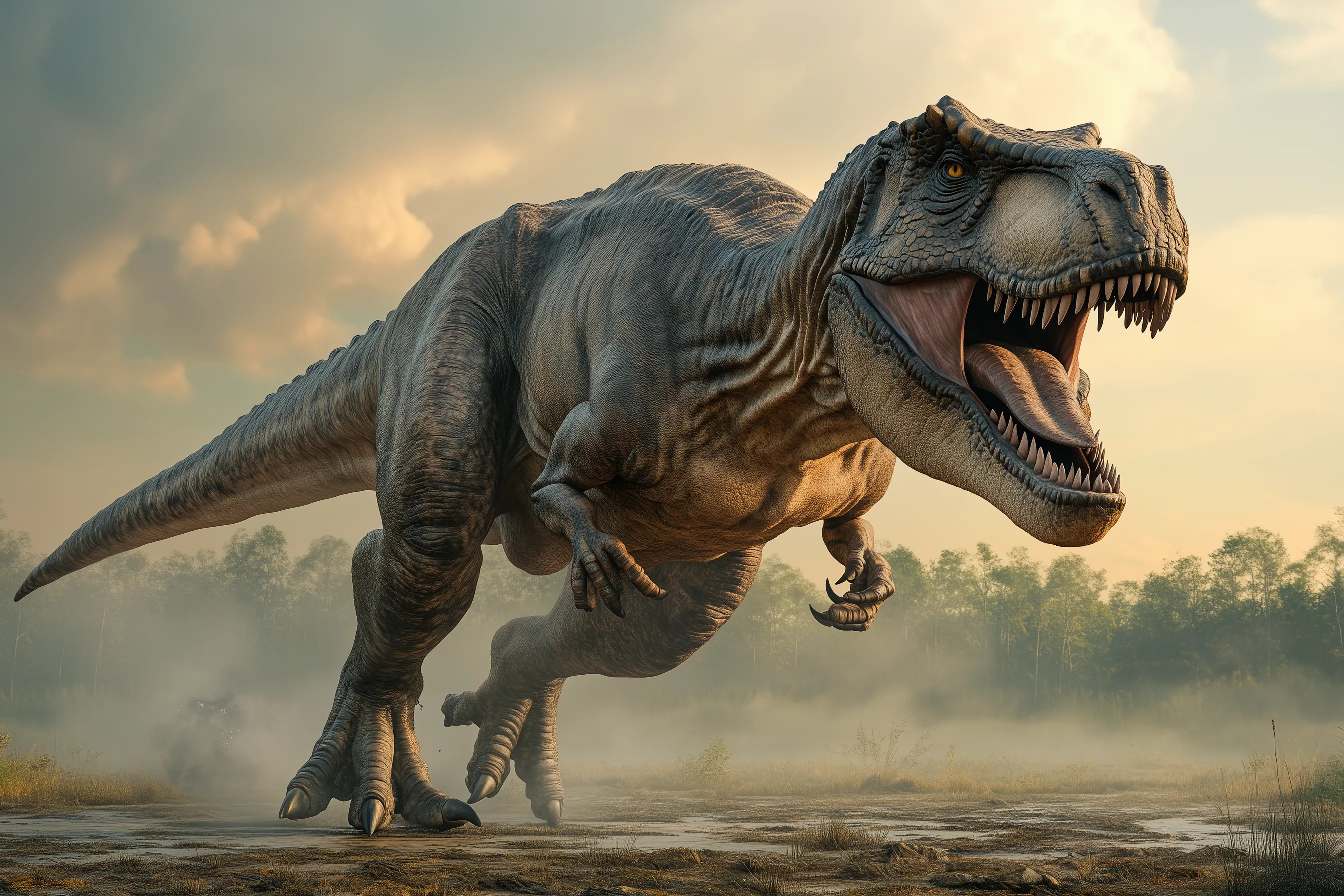 Scientifically accurate paleoart of Tyrannosaurus rex, an apex theropod predator with massive jaws and binocular vision from the Late Cretaceous, rendered in cinematic prehistoric detail.