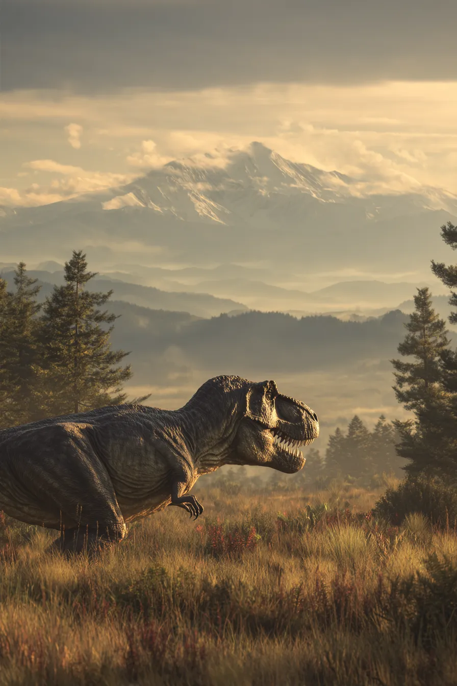Scientifically accurate paleoart of Tyrannosaurus rex, an apex theropod predator with massive jaws and binocular vision from the Late Cretaceous, rendered in cinematic prehistoric detail.