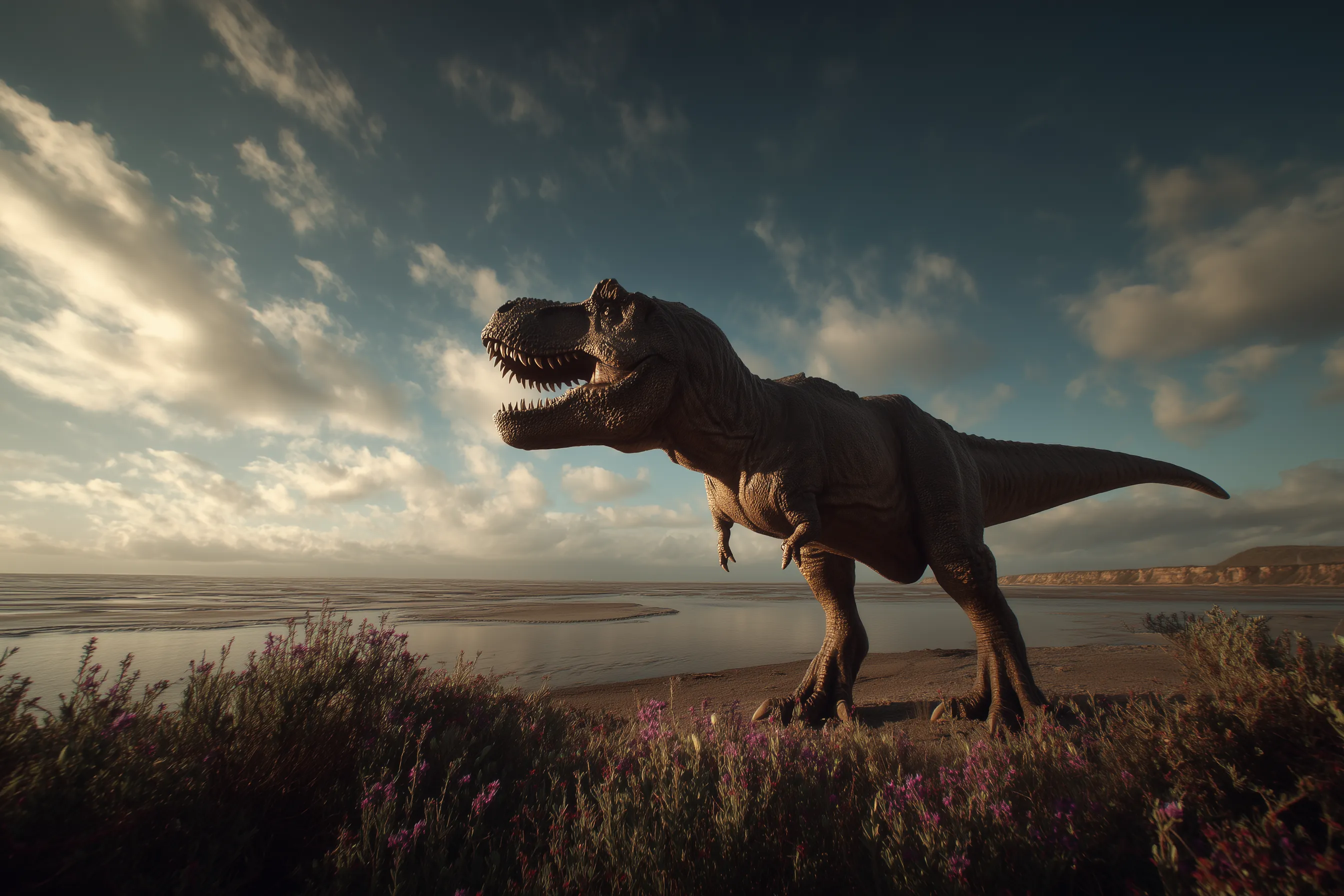 Scientifically accurate paleoart of Tyrannosaurus rex, an apex theropod predator with massive jaws and binocular vision from the Late Cretaceous, rendered in cinematic prehistoric detail.